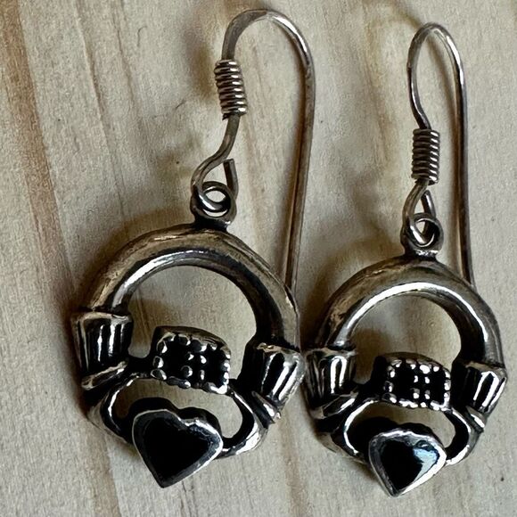 Sterling Silver Claddagh Earrings with Black Onyx Hearts - Picture 3 of 8